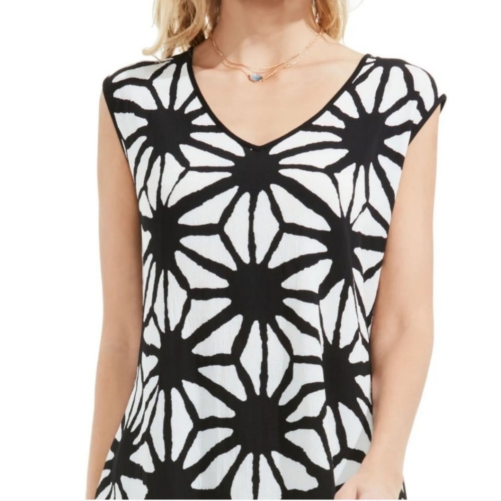 Vince Camuto‎ Starlight Mixed Media Cap Sleeve Blouse Top Black/White Medium